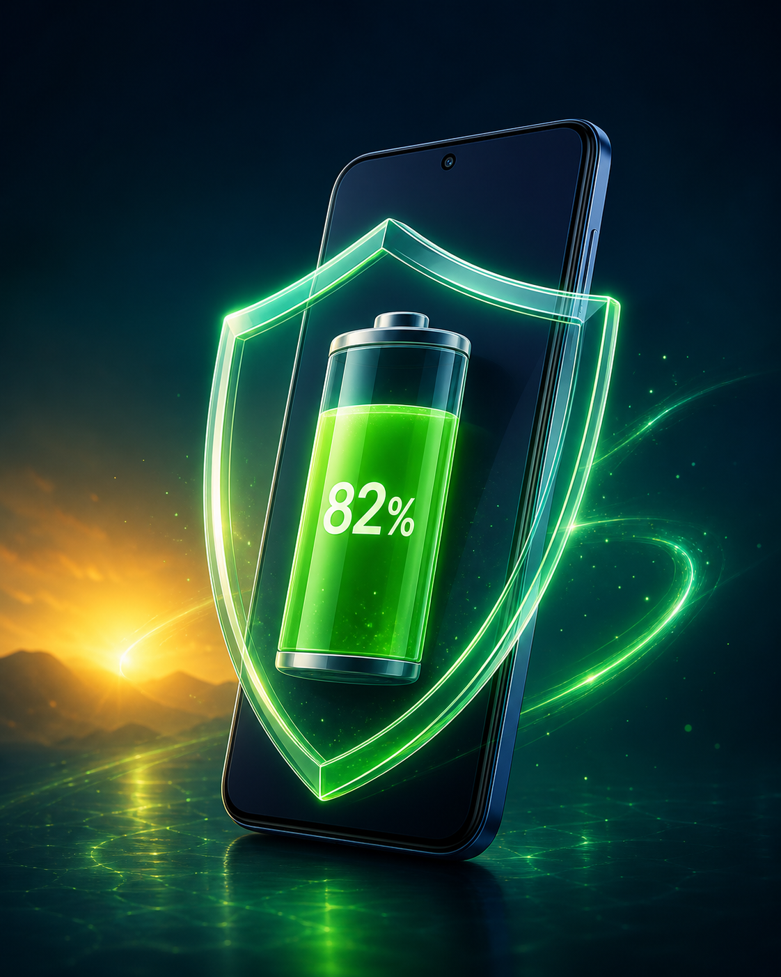 Celular protegido por un escudo verde con batería cargada